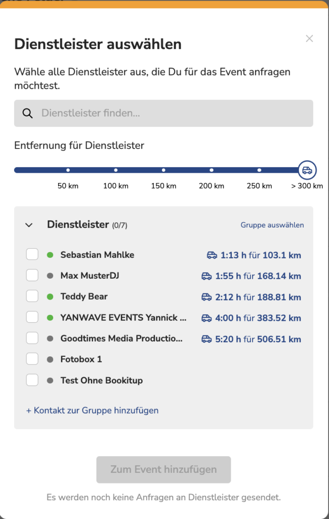 Dienstleister auswählen mit Entfernung und Fahrzeit