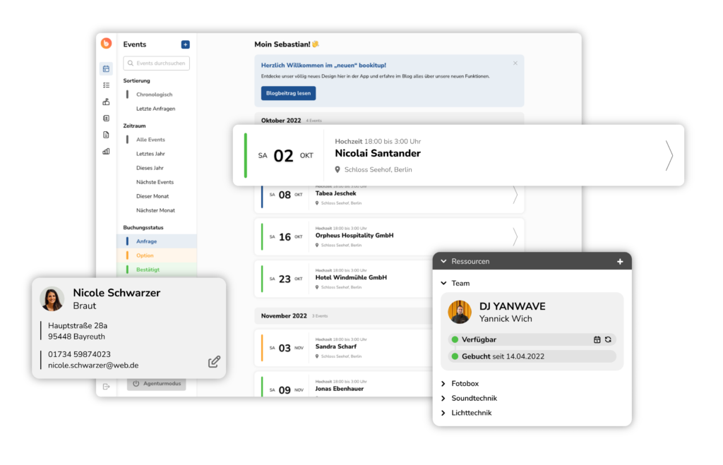 bookitup Eventübersicht mit Kontaktkarte und Ressourcen