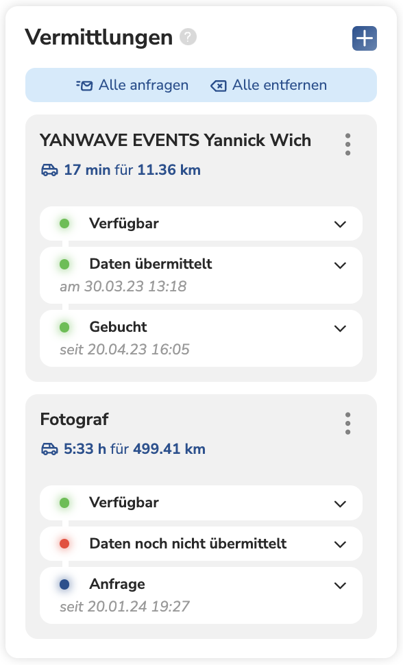 Vermittlungen in bookitup mit Status verfügbar, Daten übermittelt, gebucht