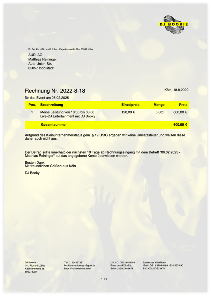 Beispiel-Rechnung eines DJs mit eigenem Briefpapier