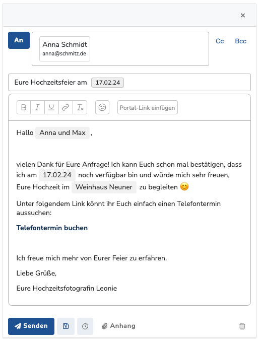 E-Mail-Vorlage einer Hochzeitsfotografin mit ausgefüllten Platzhaltern