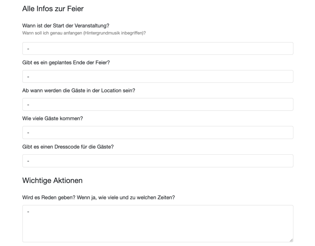 Online-Fragebogen „Alle Infos zur Feier“ im Kundenportal