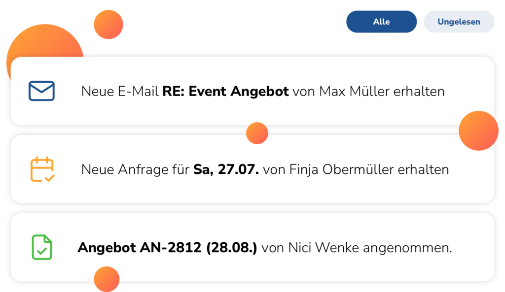 Benachrichtigungen in bookitup: neue E-Mail, neue Anfrage, Angebot angenommen